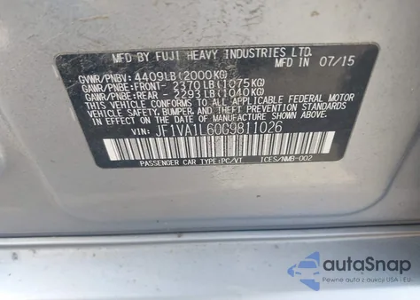 2016 Subaru Wrx Limited z USA, uszkodzony, nr VIN JF1VA1L60G9811026